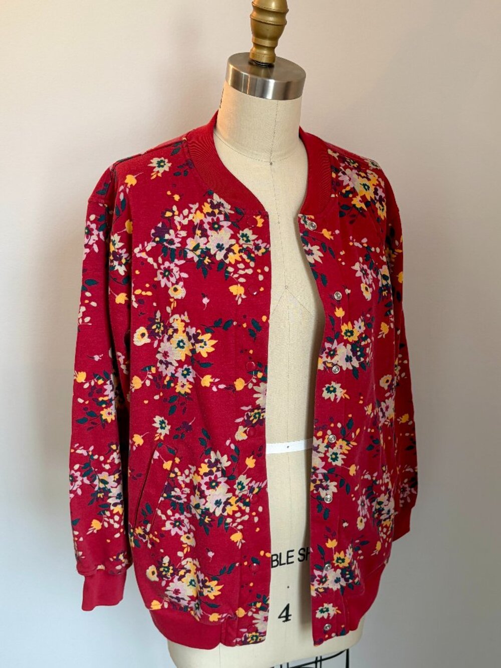 Vintage 90s Tudor Court Red Floral Fleece Bomber Jacket Cardigan